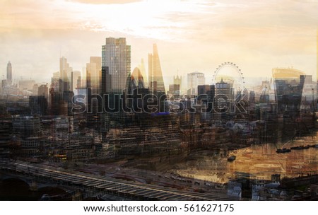 City of London multiple  exposure image includes skyscrapers of business district and River  Thames at sunset. UK