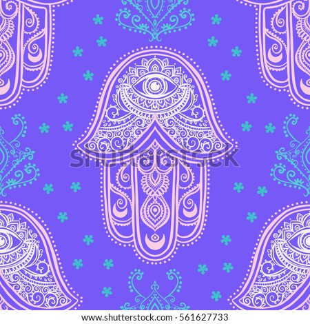 Ornament card with hamsa. Geometric circle element made in vector. Talisman ornamental hamsa, symbol Eye protection. Kaleidoscope, medallion, yoga, india, arabic