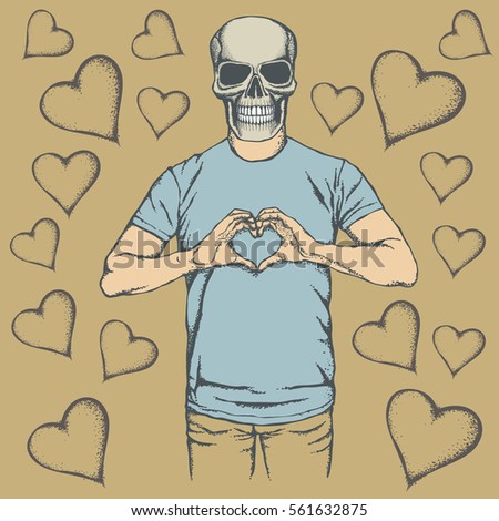 Skull Valentine day vector concept. Illustration of scull head on human body. Skull showing heart shape