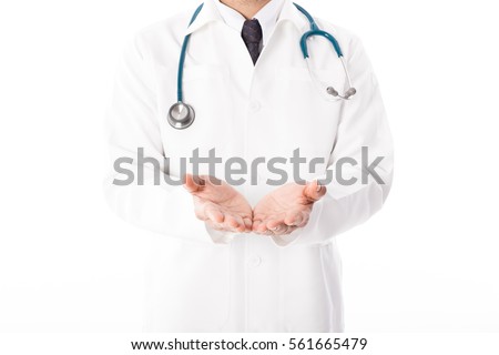 Asian male medical doctor on white background, useful for medical, hospital, medication, surgeon, medical advise, doctor, health care concepts Royalty-Free Stock Photo #561665479