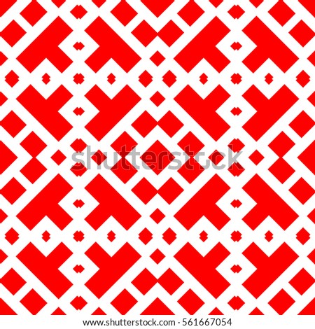 Repeated red figures on white background. Ethnic wallpaper. Seamless surface pattern design with symmetrical polygons ornament. Geometric motif. Digital paper for textile print, web design. Vector.