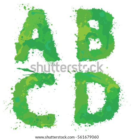 A, B, C, D, Handdrawn english alphabet - letters are made of green watercolor, ink splatter, paint splash font. Isolated on white background.