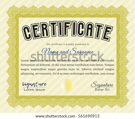 Yellow Sample Certificate. Perfect design. With complex background. Vector illustration. 