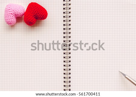 Abstract white paper line pattern with pencil add Heart Knitting. Blank notebook. picture for add text message or used background on website. Valentine wallpaper.