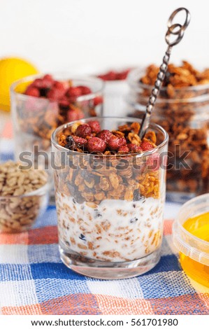 Granola with wild strawberries and yogurt in glasses and sunflower seeds in checkered napkin on table