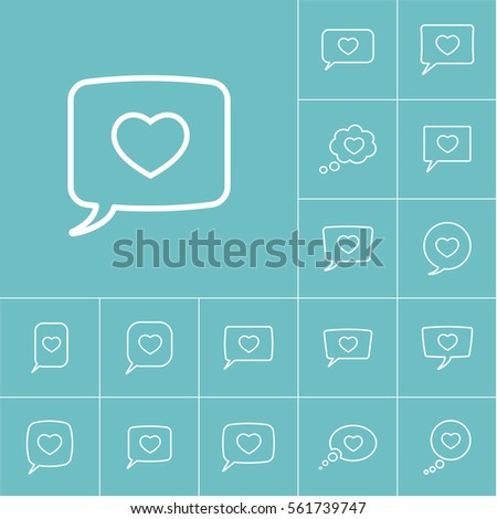 thin line love heart, speech bubble icon on blue background, dialog box set