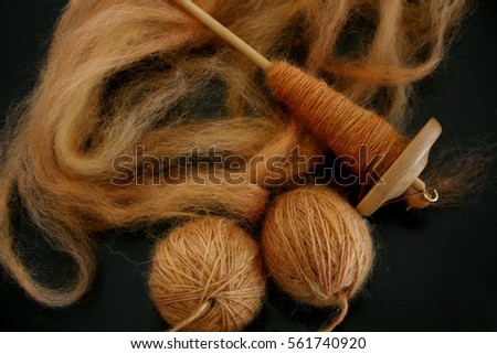 Hand spun orange dyed sheep wool roving on a drop spindle along with two balls of finished yarn Royalty-Free Stock Photo #561740920