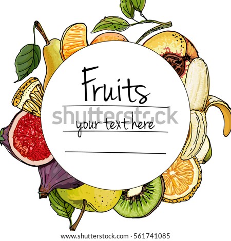 Fruits drawn a color line on a white background. Vector sketch. Sketch line. Apple, pear, peach, lemon, orange, lime, Tangerine, kiwi, figs, banana