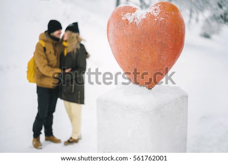 beautiful couple is photographed near the stone heart