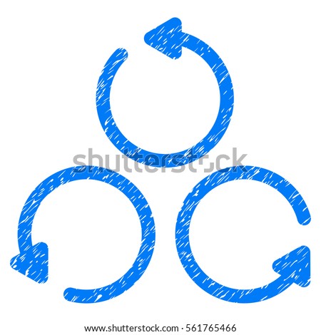Rotation grainy textured icon for overlay watermark stamps. Flat symbol with dust texture. Dotted vector blue ink rubber seal stamp with grunge design on a white background.