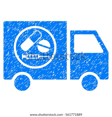 Drugstore Truck grainy textured icon for overlay watermark stamps. Flat symbol with dirty texture. Dotted vector blue ink rubber seal stamp with grunge design on a white background.