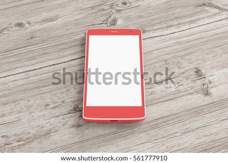 Red smartphone with white blank screen on wooden background. Isolated with clipping path around smartphone and around screen copy space. 3d render