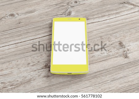 Yellow smartphone with white blank screen on wooden background. Isolated with clipping path around smartphone and around screen copy space. 3d render