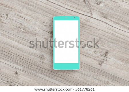 Turquoise smartphone with white blank screen on wooden background. Isolated with clipping path around smartphone and around screen copy space. 3d render