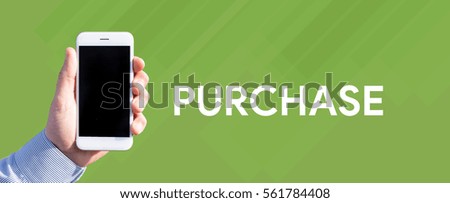 Smart phone in hand front of green background and written PURCHASE