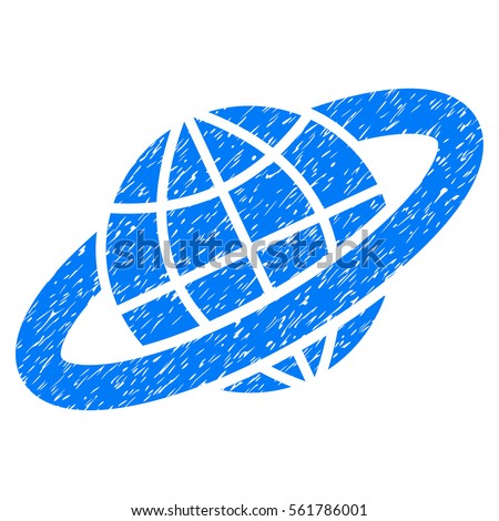 Planetary Ring grainy textured icon for overlay watermark stamps. Flat symbol with dirty texture. Dotted vector blue ink rubber seal stamp with grunge design on a white background.