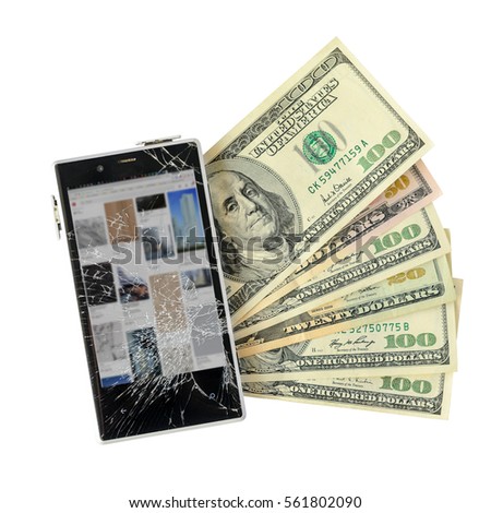 Smartphone with broken display lying on money banknotes Isolated on White background with cliping path. Loss of connection. Internet surfing is over concept