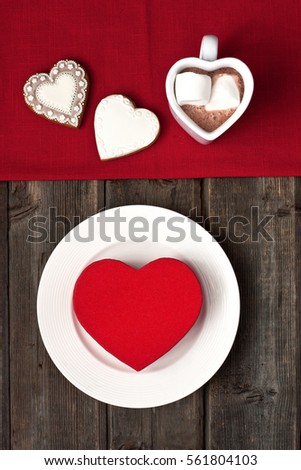Valentine day greeting card with  hot chocolate and cookies