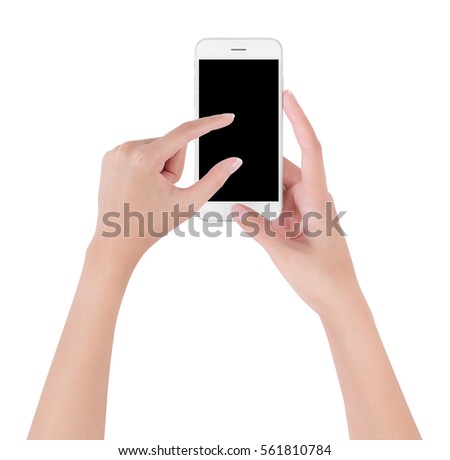 Woman hands holding white smart phone touch and pinch for zoom in or zoom out on blank screen display, digital and communication concept, Isolated on white background.