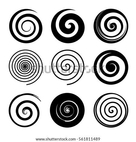 Set of spiral and swirl motion elements, black isolated objects. Different brush textures, vector illustrations.