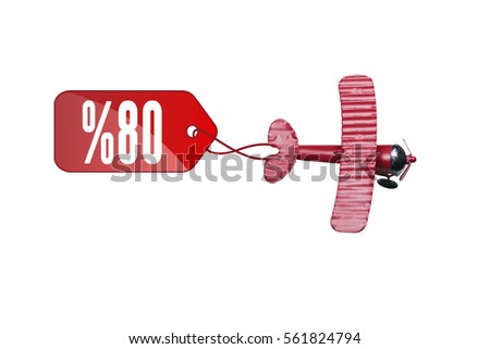 writing 80 % red toy airplane with  Red price labels on white background. 80% sale price tag sign icon. Red leather price labels ten percent sale off. 