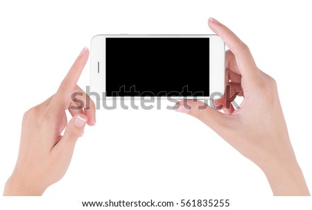 Woman hands holding white smart phone pointing up with index finger and touching on blank screen display, digital and communication concept, Isolated on white background.
