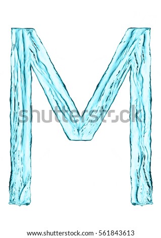 Water splash letter M with light blue color on white background