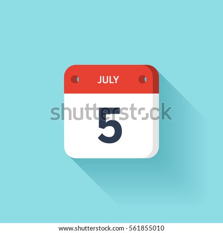 July 5. Isometric Calendar Icon With Shadow.Vector Illustration,Flat Style.Month and Date.Sunday,Monday,Tuesday,Wednesday,Thursday,Friday,Saturday.Week,Weekend,Red Letter Day. Holidays 2017.