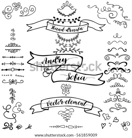 Hand drawn pencil and brush borders. Sketch design concept. Set border isolated on the white background. Wedding concept. Doodle style.
