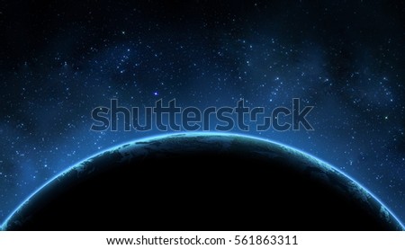 Earth in the space. Stars on the background. Place for text and infographics. Elements of this image furnished by NASA. Astronomy and science concept