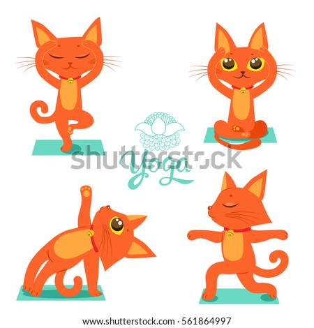 Set Cartoon Funny Cats Icons Doing Yoga Position.Cat Yoga Funny Vector. Yoga pose vector. T-shirt print design.