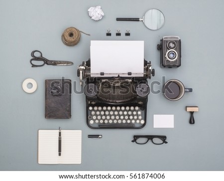 top view vintage old typewriter objects cloud Royalty-Free Stock Photo #561874006