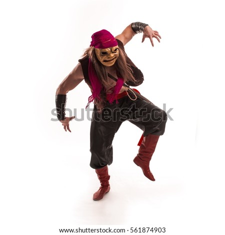 actor man in a pirate costume with a scary mask on his face jumping and dancing on a white background. character for a computer game.