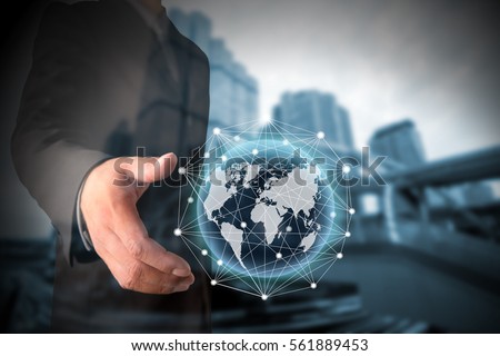 double exposure of businessman open hand. Best Internet Concept of global business from concepts series; connection symbols communication lines