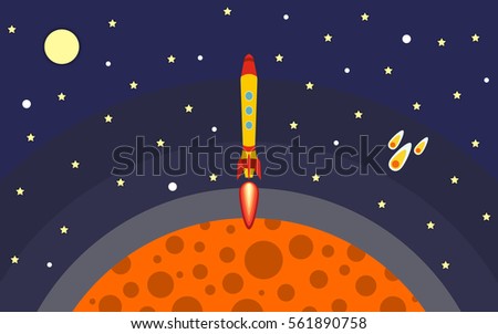 The rocket is removed from the planet. Space travel. Vector illustration with flying rocket.
