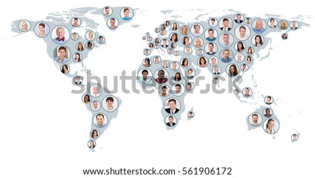 Collage Of Multiethnic People On World Map At White Background. Global Business Concept