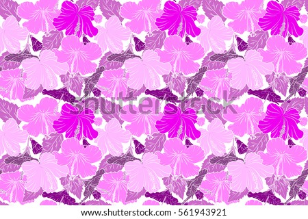 Summer hawaiian seamless pattern with tropical plants and hibiscus flowers in violet, pink and purple colors. Raster illustration on a white background.