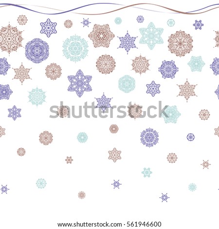 Abstract Christmass illustration with violet snowflakes on white background. Christmas party design template.