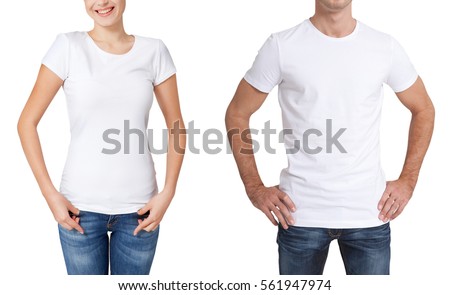 T-shirt design, people concept - closeup of young woman and man in blank white shirt, front isolated. Mock up template for design print. Royalty-Free Stock Photo #561947974