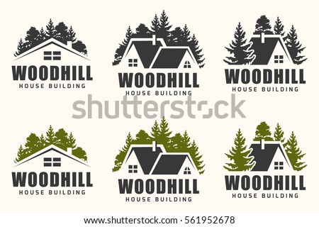 Vector logo design of a trees silhouette and small house. Logo for house repair and building.