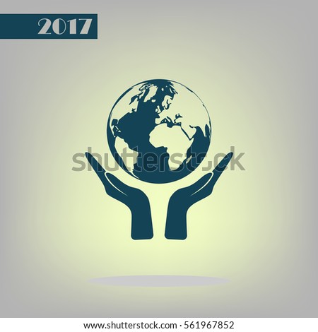 Flat paper cut style icon of two hands holding Earth. Vector illustration