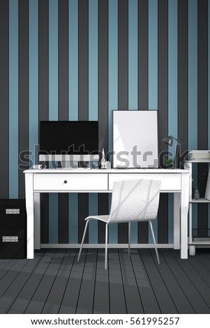 3D Rendering : illustration of modern interior Creative designer office desktop with PC computer.work place of graphic design.close up.Mock up.light from outside. frame mock up.clipping path included