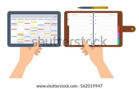 Hands are holding electronic and paper organizer and planner. Flat concept illustration of digital agenda on the tablet screen and business diary with leather cover. Vector schedule isolated on white. Royalty-Free Stock Photo #562019947