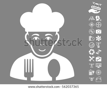 Cook icon with bonus quad copter service clip art. Vector illustration style is flat iconic white symbols on gray background.