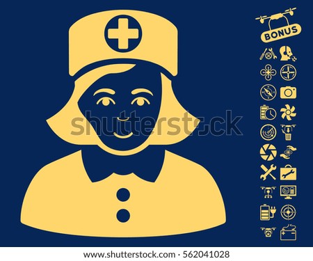 Nurse pictograph with bonus drone tools clip art. Vector illustration style is flat iconic yellow symbols on blue background.