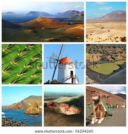 a collage of eight pictures of different views of Lanzarote, Spain