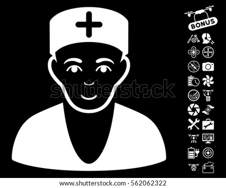 Doctor pictograph with bonus quad copter service clip art. Vector illustration style is flat iconic white symbols on black background.