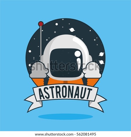 flat funny and retro cartoon character white astronaut in black background space with white star and planet badge for company banner business poster kids and children in blue background