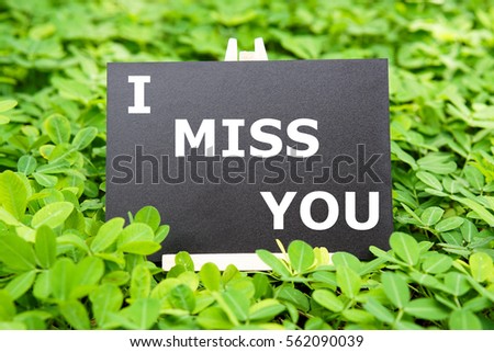 "I MISS YOU" word written on blackboard with green grass background.