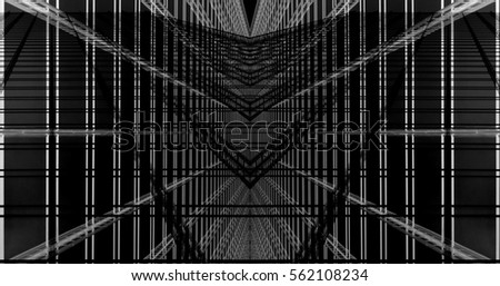 Walls of office buildings seen through each other in darkness. Steel and glass. Grunge double exposure photo. Abstract black and white image of modern architecture.
